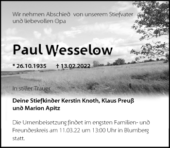 Traueranzeige von Paul Wesselow von Märkische Oderzeitung