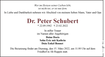 Traueranzeige von Peter Schubert von Märkische Oderzeitung