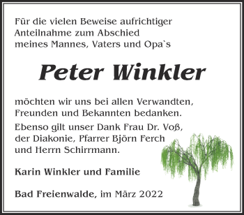 Traueranzeige von Peter Winkler von Märkische Oderzeitung