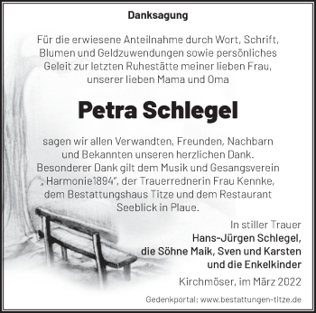 Traueranzeige von Petra Schlegel von Märkische Oderzeitung