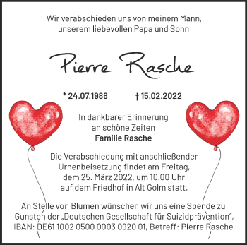 Traueranzeige von Pierre Rasche von Märkische Oderzeitung
