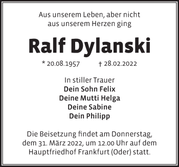 Traueranzeige von Ralf Dylanski von Märkische Oderzeitung