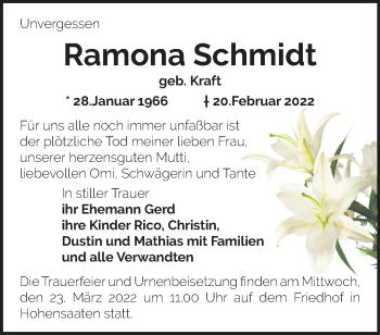 Traueranzeige von Ramona Schmidt von Märkische Oderzeitung