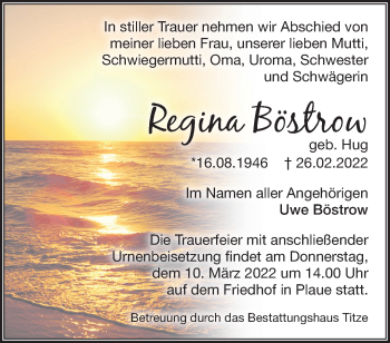 Traueranzeige von Regina Böstrow von Märkische Oderzeitung