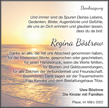 Traueranzeige von Regina Böstrow von Märkische Oderzeitung