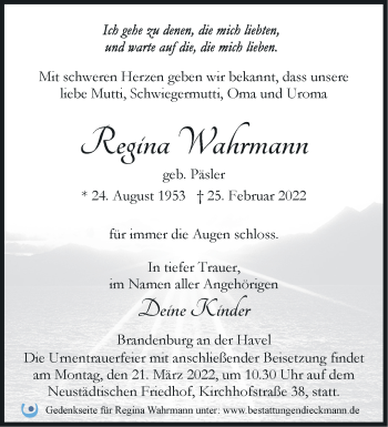 Traueranzeige von Regina Wahrmann von Märkische Oderzeitung