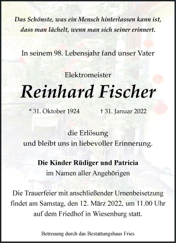 Traueranzeige von Reinhard Fischer von Märkische Oderzeitung