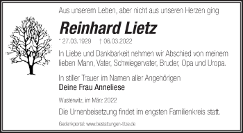 Traueranzeige von Reinhard Lietz von Märkische Oderzeitung