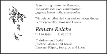 Traueranzeige von Renate Reiche von Märkische Oderzeitung
