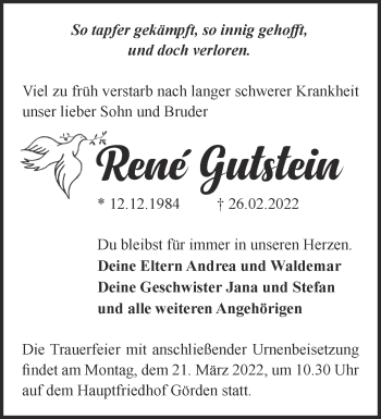 Traueranzeige von René Gutstein von Märkische Oderzeitung