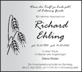 Traueranzeige von Richard Ehling von Märkische Oderzeitung