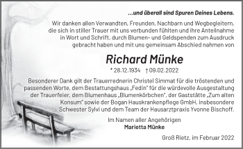 Traueranzeige von Richard Münke von Märkische Oderzeitung