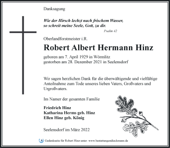 Traueranzeige von Robert Albert Hermann Hinz von Märkische Oderzeitung