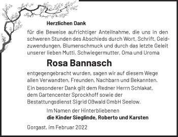 Traueranzeige von Rosa Bannasch von Märkische Oderzeitung