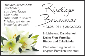 Traueranzeige von Rüdiger Brümmer von Märkische Oderzeitung