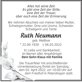 Traueranzeige von Ruth Neumann von Märkische Oderzeitung