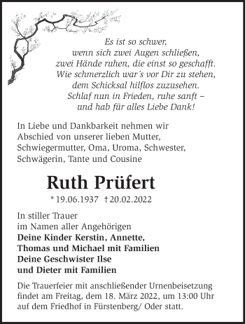 Traueranzeige von Ruth Prüfert von Märkische Oderzeitung