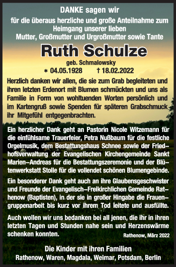 Traueranzeige von Ruth Schulze von Märkische Oderzeitung