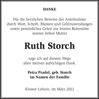 Traueranzeige von Ruth Storch von Märkische Oderzeitung