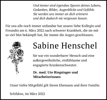 Traueranzeige von Sabine Henschel von Märkische Oderzeitung