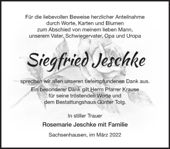 Traueranzeige von Siegfried Jeschke von Märkische Oderzeitung