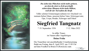 Traueranzeige von Siegfried Tangnatz von Märkische Oderzeitung