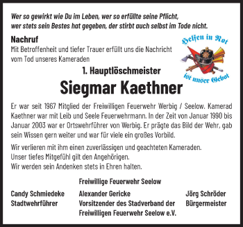 Traueranzeige von Siegmar Kaethner von Märkische Oderzeitung