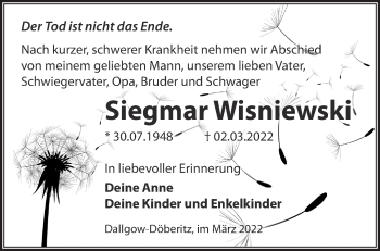 Traueranzeige von Siegmar Wisniewski von Märkische Oderzeitung