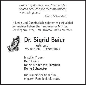 Traueranzeige von Sigrid Baier von Märkische Oderzeitung