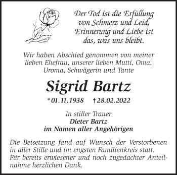 Traueranzeige von Sigrid Bartz von Märkische Oderzeitung