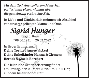 Traueranzeige von Sigrid Hunger von Märkische Oderzeitung