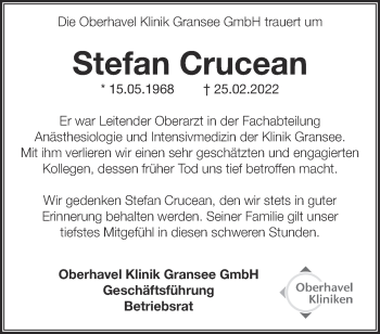 Traueranzeige von Stefan Crucean von Märkische Oderzeitung