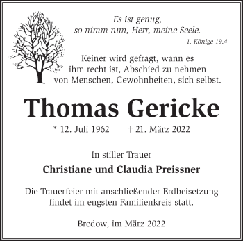 Traueranzeige von Thomas Gericke von Märkische Oderzeitung