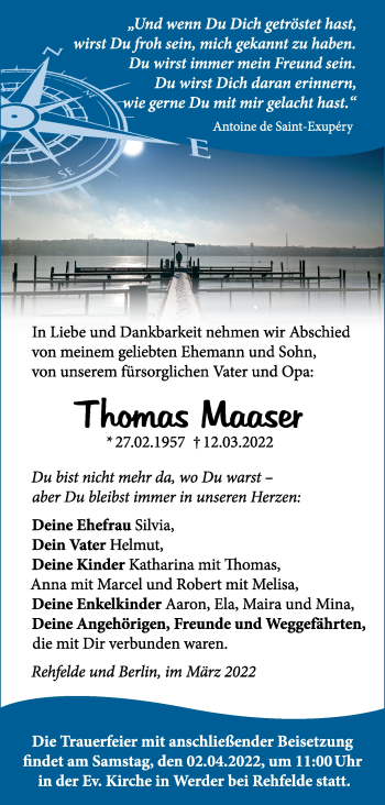 Traueranzeige von Thomas Maaser von Märkische Oderzeitung