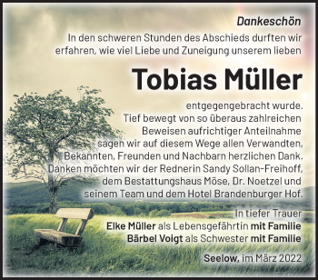 Traueranzeige von Tobias Müller von Märkische Oderzeitung