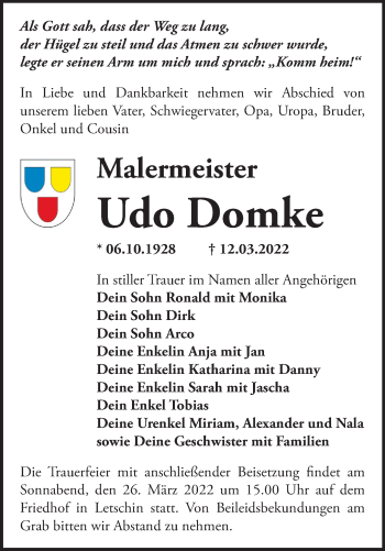 Traueranzeige von Udo Domke von Märkische Oderzeitung