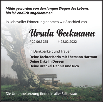 Traueranzeige von Ursula Beckmann von Märkische Oderzeitung