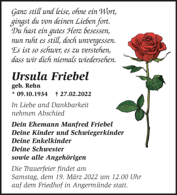 Traueranzeige von Ursula Friebel von Märkische Oderzeitung