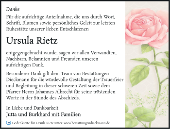 Traueranzeige von Ursula Rietz von Märkische Oderzeitung