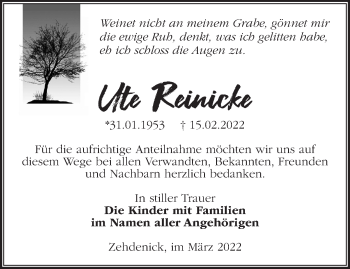 Traueranzeige von Ute Reinicke von Märkische Oderzeitung