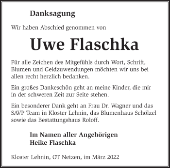 Traueranzeige von Uwe Flaschka von Märkische Oderzeitung