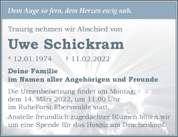 Traueranzeige von Uwe Schickram von Märkische Oderzeitung