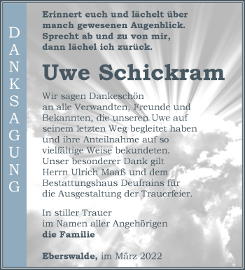 Traueranzeige von Uwe Schickram von Märkische Oderzeitung