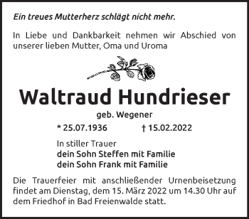 Traueranzeige von Waltraud Hundrieser von Märkische Oderzeitung