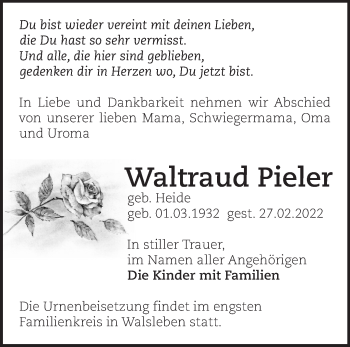 Traueranzeige von Waltraud Pieler von Märkische Oderzeitung