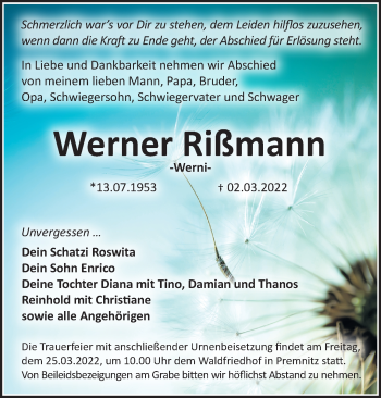 Traueranzeige von Werner Rißmann von Märkische Oderzeitung