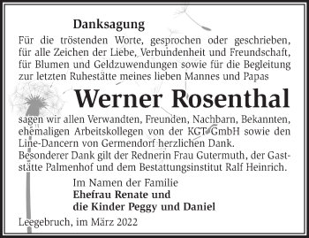 Traueranzeige von Werner Rosenthal von Märkische Oderzeitung