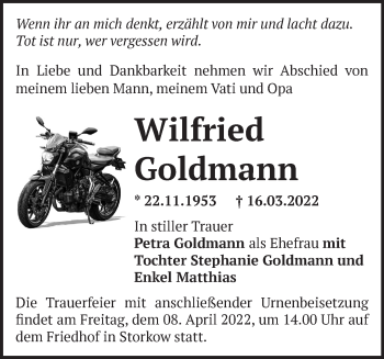 Traueranzeige von Wilfried Goldmann von Märkische Oderzeitung