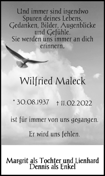 Traueranzeige von Wilfried Maleck von Märkische Oderzeitung
