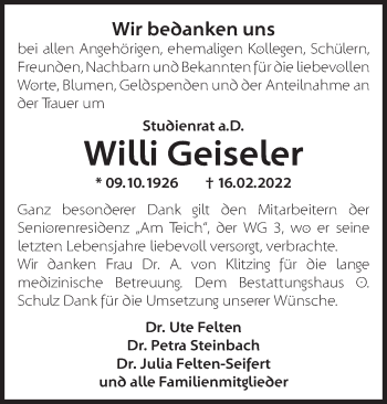 Traueranzeige von Willi Geiseler von Märkische Oderzeitung